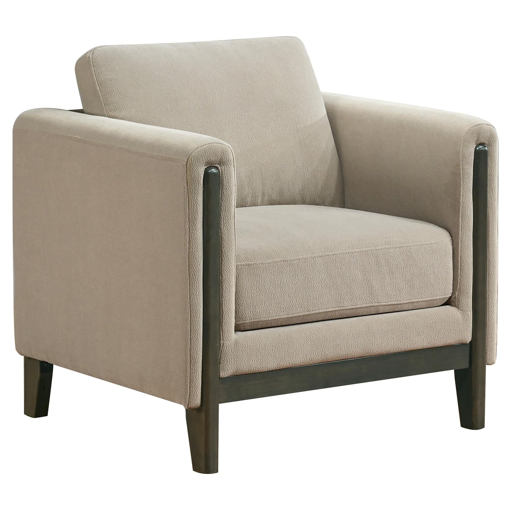 Islington taupe fabric upholstered panel arm accent chair front view