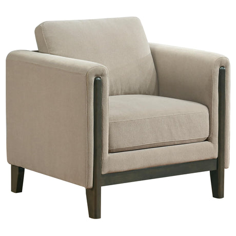 Islington taupe fabric upholstered panel arm accent chair front view