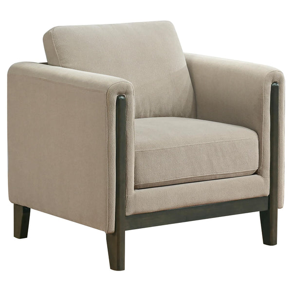 Islington taupe fabric upholstered panel arm accent chair front view