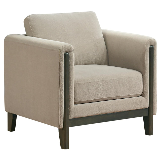 Islington taupe fabric upholstered panel arm accent chair front view
