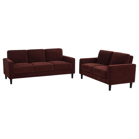 Rust red fabric upholstered 2-piece sofa and loveseat set, front angle