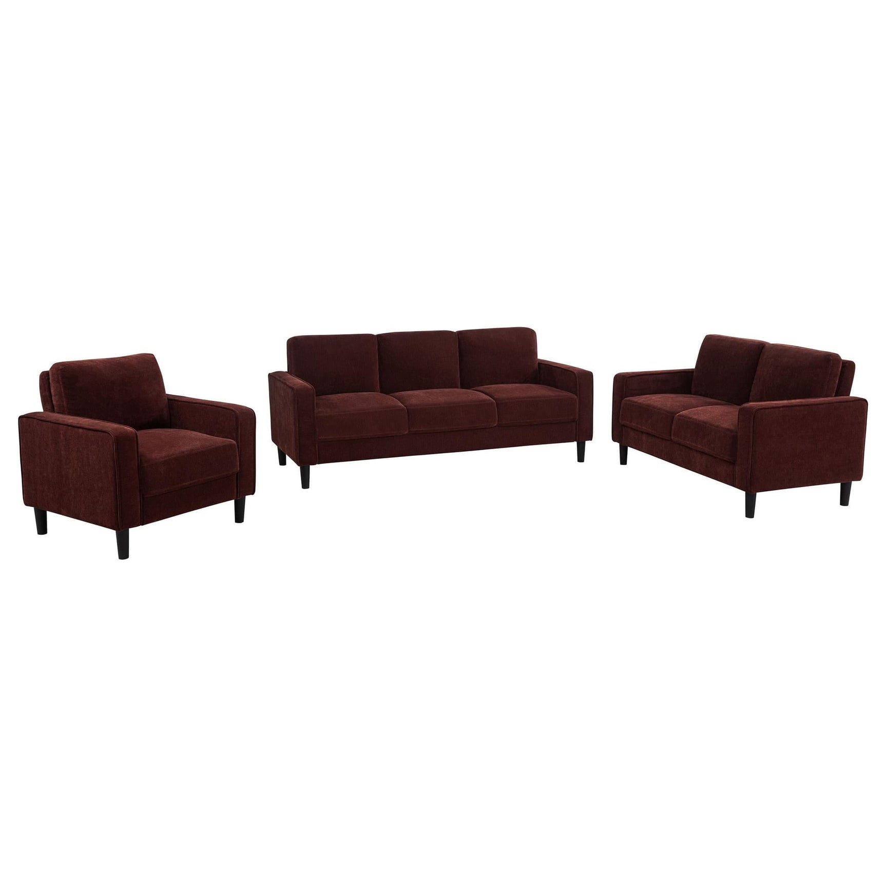 Ruth 3-piece fabric upholstered track arm sofa and loveseat set in rust red, front view