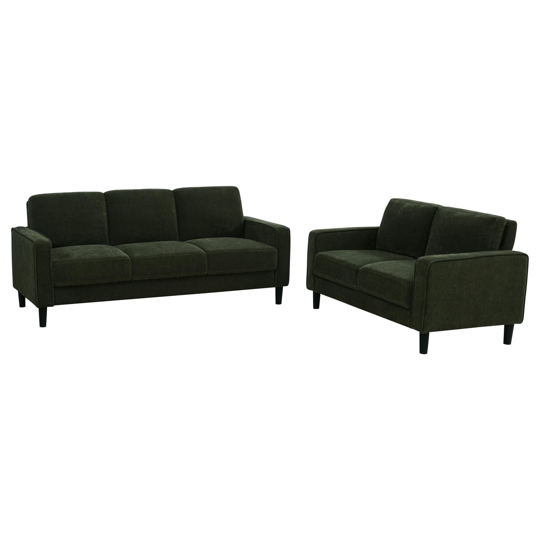 Ruth 2-piece matcha green fabric upholstered track arm sofa and loveseat set, front view