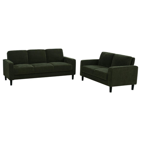 Ruth 2-piece matcha green fabric upholstered track arm sofa and loveseat set, front view