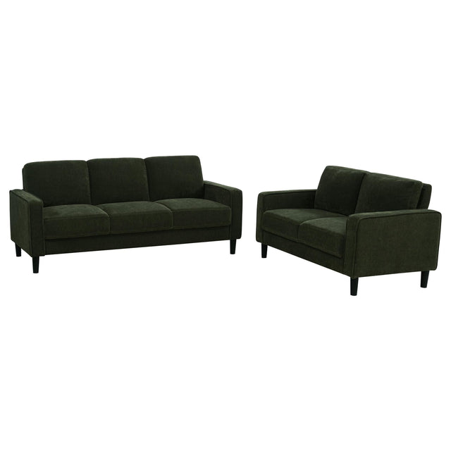 Ruth 2-piece matcha green fabric upholstered track arm sofa and loveseat set, front view