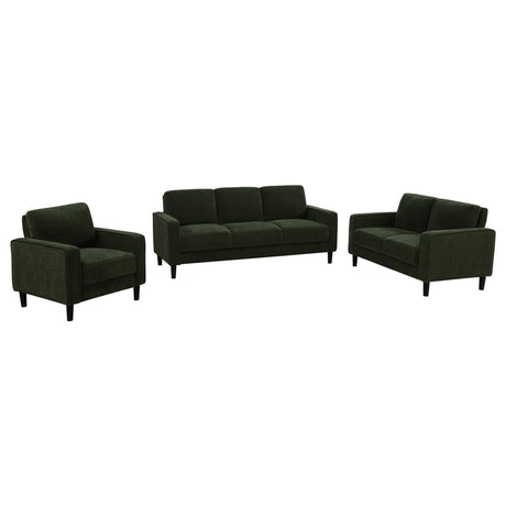 Ruth 3-piece fabric upholstered track arm sofa and loveseat set in matcha green
