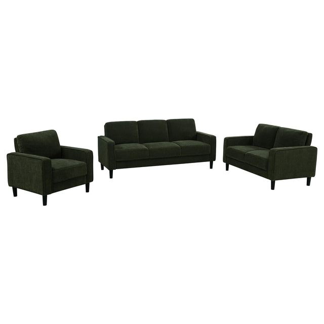Ruth 3-piece fabric upholstered track arm sofa and loveseat set in matcha green