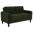 Ruth loveseat in matcha green fabric, angled front view