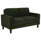 Ruth loveseat in matcha green fabric, angled front view