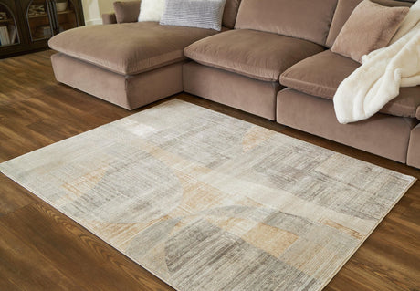 Truward Medium Rug showing linen, gray, and caramel abstract pattern
