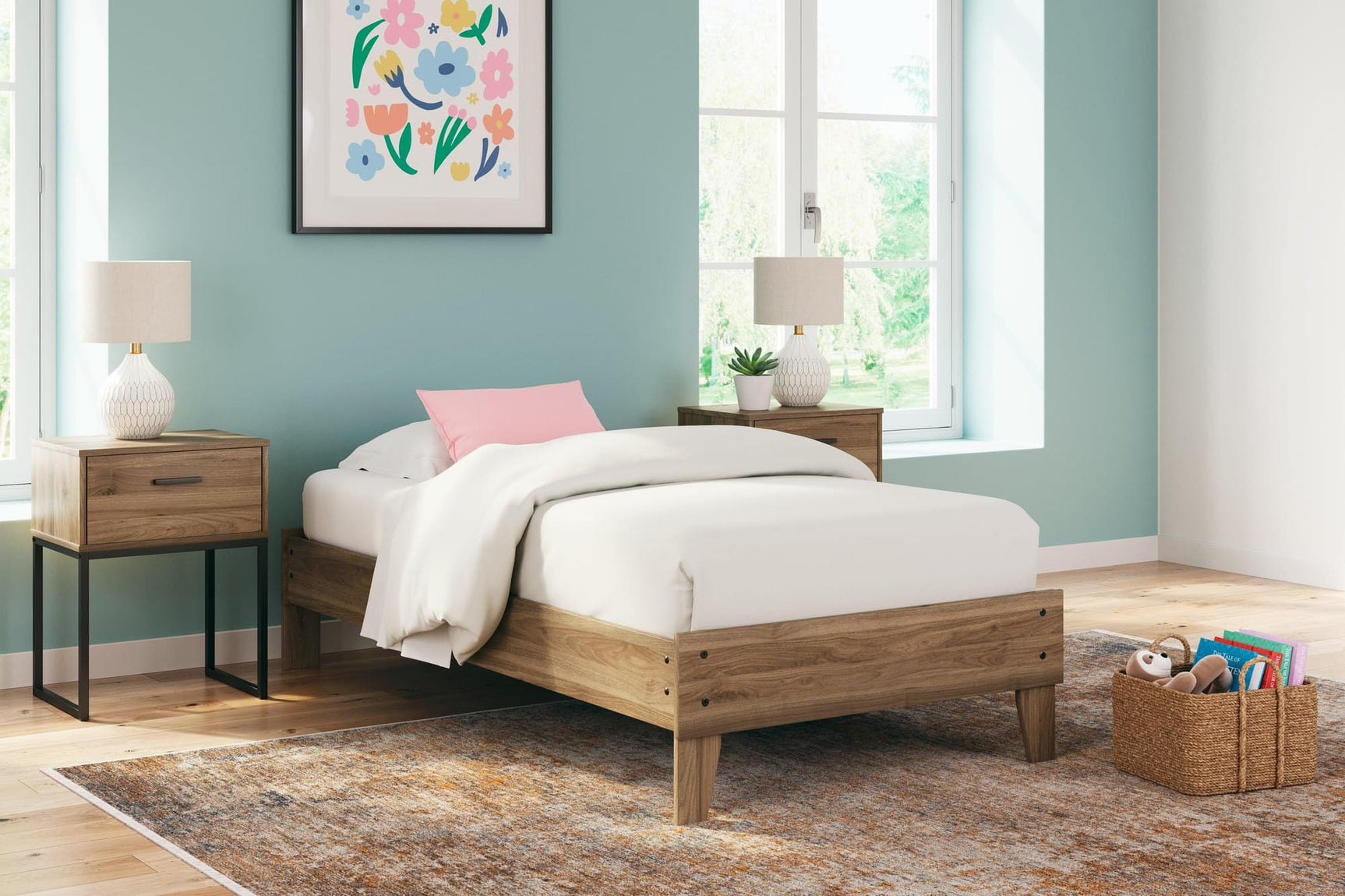 Deanlow Honey Twin Platform Bed front angle showing honey walnut finish