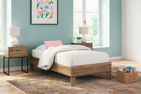Deanlow Honey Twin Platform Bed front angle showing honey walnut finish