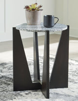 Tellrich accent table with black and white terrazzo round top, front view