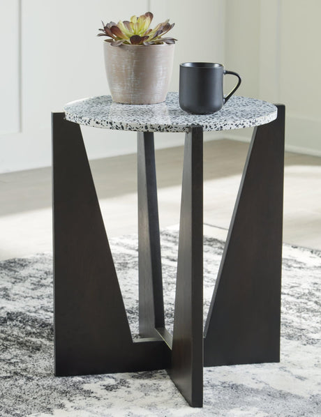 Tellrich accent table with black and white terrazzo round top, front view