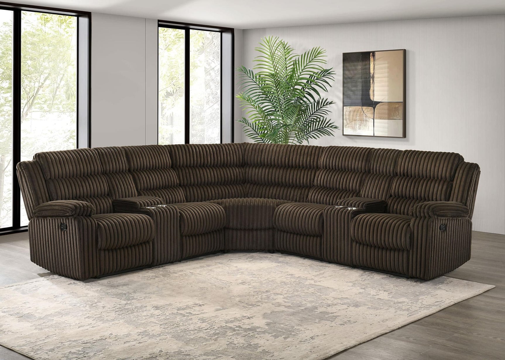Atkinson reclining sectional sofa in chocolate corduroy front view