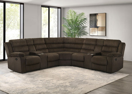 Atkinson reclining sectional sofa in chocolate corduroy front view