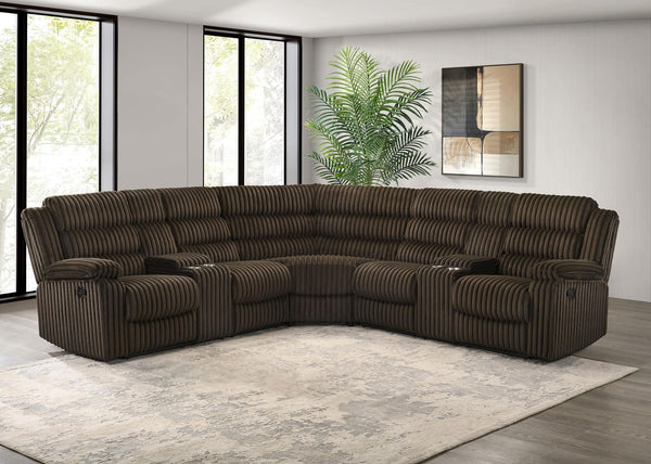 Atkinson reclining sectional sofa in chocolate corduroy front view