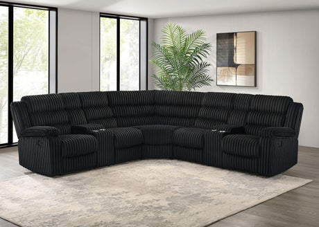 Atkinson black upholstered reclining sectional sofa front angle