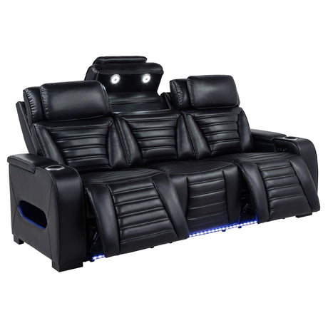 Zuma Black Faux Leather Dual Power Reclining LED Sofa front view