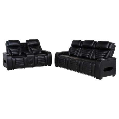Zuma 2-piece black faux leather dual power reclining sofa set front view