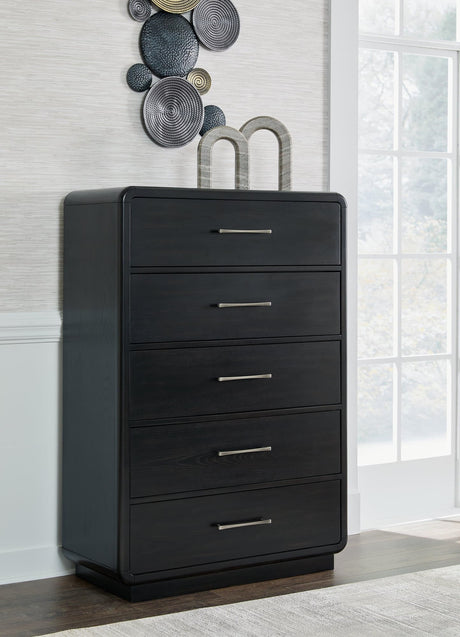 Rowanbeck black chest of drawers front view