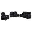 Zuma 3-piece black faux leather reclining sofa set with LED lighting front view