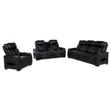 Zuma 3-piece black faux leather reclining sofa set with LED lighting front view