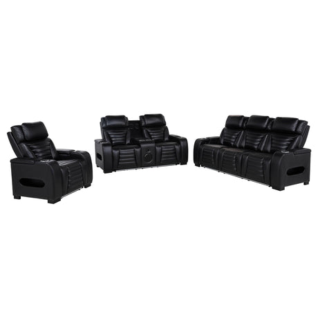 Zuma 3-piece black faux leather reclining sofa set with LED lighting front view