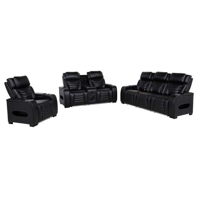 Zuma 3-piece black faux leather reclining sofa set with LED lighting front view