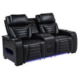 Zuma black faux leather dual power reclining LED loveseat front view