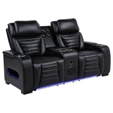 Zuma black faux leather dual power reclining LED loveseat front view