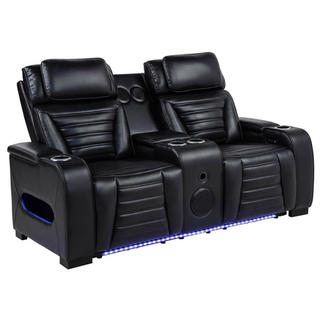 Zuma black faux leather dual power reclining LED loveseat front view