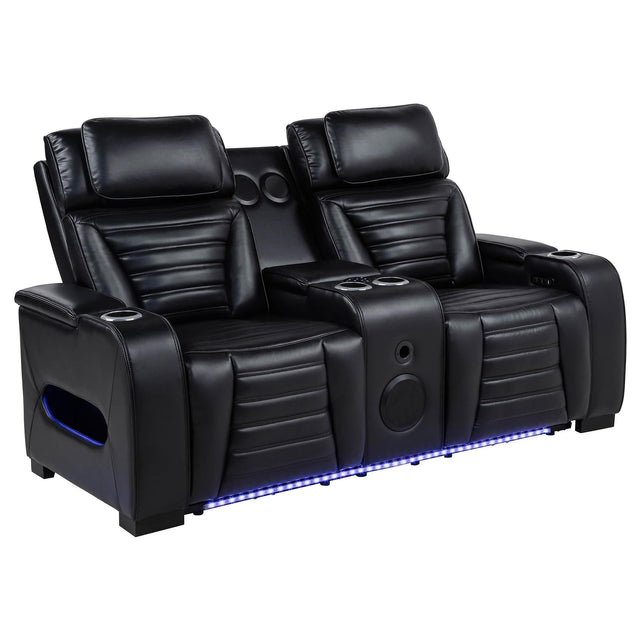Zuma black faux leather dual power reclining LED loveseat front view