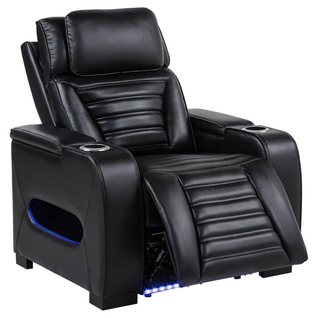Zuma black faux leather dual power recliner with LED lighting front view