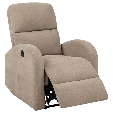 Grant camel fabric upholstered power recliner chair, front view