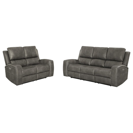 Brickston 2-piece triple power reclining sofa set in charcoal at front angle