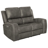 Brickston Triple Power Reclining Loveseat charcoal leatherette, front angle
