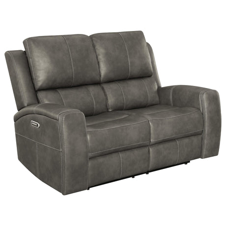 Brickston Triple Power Reclining Loveseat charcoal leatherette, front angle