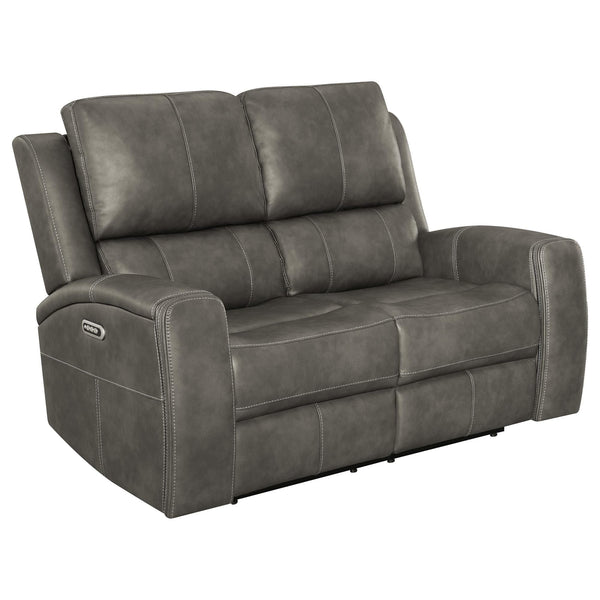 Brickston Triple Power Reclining Loveseat charcoal leatherette, front angle
