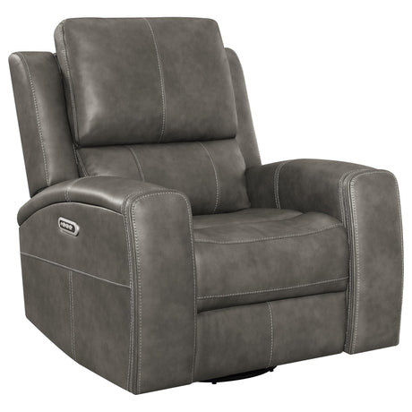 Front view of Brickston Triple Power Swivel Glider Recliner in charcoal leatherette