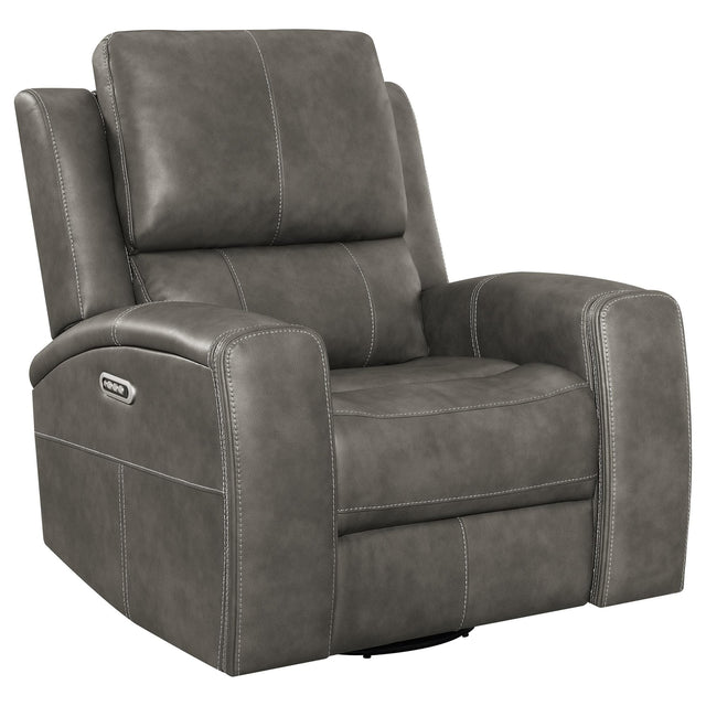 Front view of Brickston Triple Power Swivel Glider Recliner in charcoal leatherette