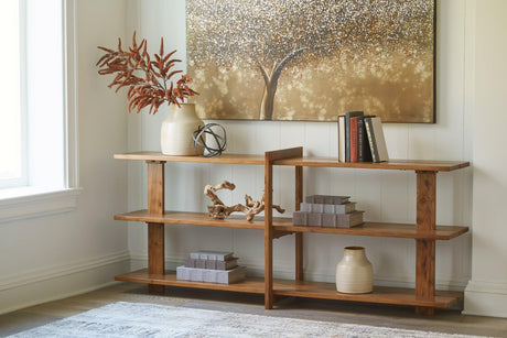 Fayemour solid acacia wood console sofa table in honey brown, front view