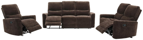 Navarro chenille upholstered dark brown glider recliner front angle
