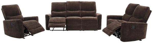 Navarro chenille upholstered dark brown glider recliner front angle