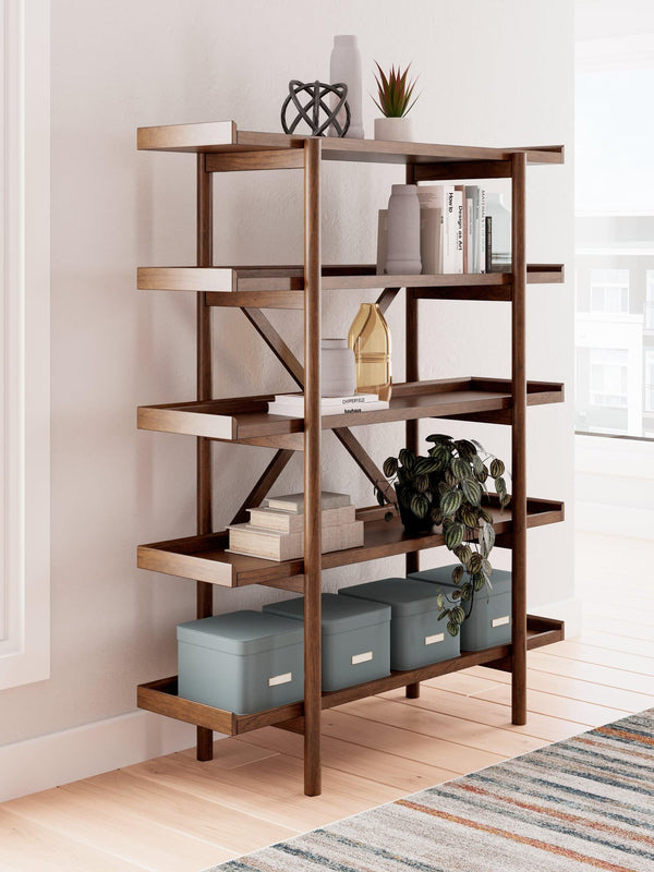 Lyncott 70 inch medium brown wood bookcase angled view showing shelves