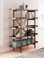 Lyncott 70 inch medium brown wood bookcase angled view showing shelves
