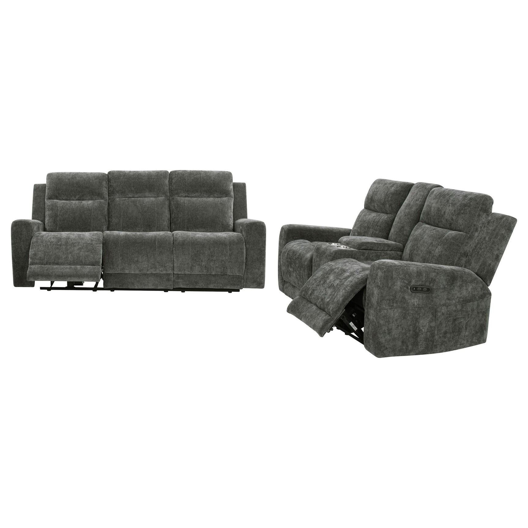 Kennett 3-piece chenille power reclining sofa set in dark grey, shown front angle