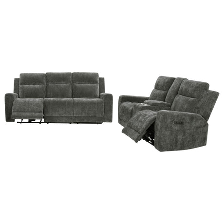 Kennett 3-piece chenille power reclining sofa set in dark grey, shown front angle