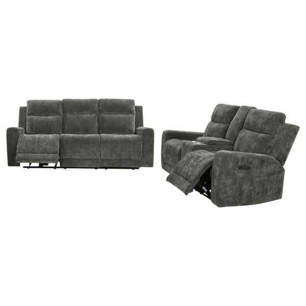 Kennett 3-piece chenille power reclining sofa set in dark grey, shown front angle