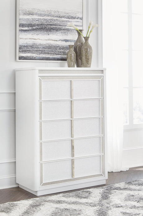 Chalanna White Chest of Drawers front view with LED lighting on
